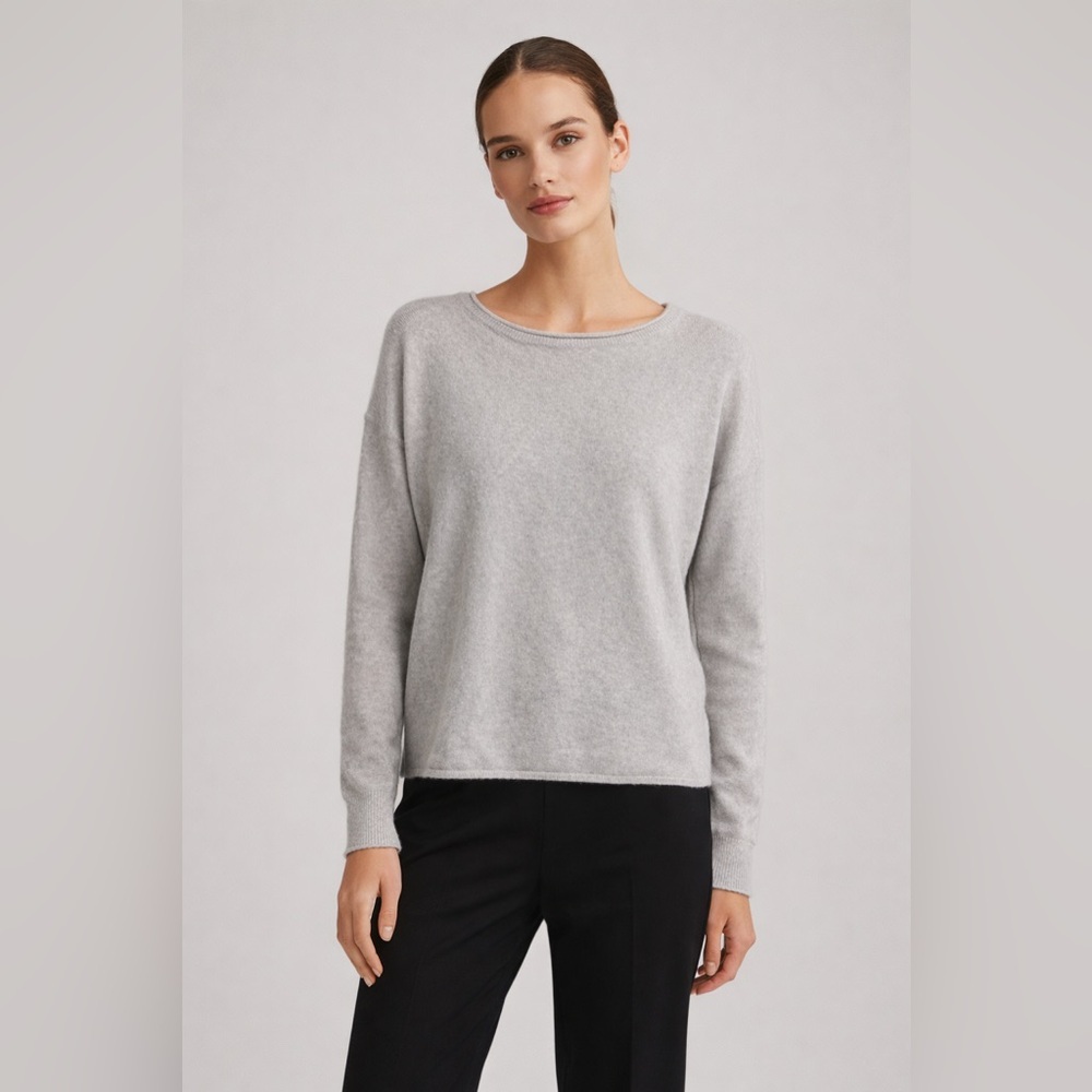 DUFFY Cashmere Sweater Light Gray Rolled Hem Back Stripe , XS